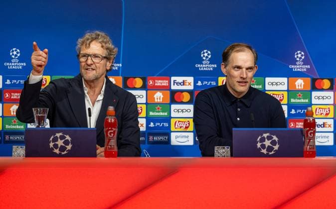 Dieter Nickles (Pressesprecher, FC Bayern Muenchen) und Thomas Tuchel (Chef-Trainer, FC Bayern Muenchen) bei der Pressekonferenz nach dem Spiel. GER, FC Bayern Muenchen vs. Real Madrid CF, Fussball, Champions League, Halbfinale, Hinspiel, Spielzeit 2023 2024, 30.04.2024. (DFL DFB REGULATIONS PROHIBIT ANY USE OF PHOTOGRAPHS as IMAGE SEQUENCES and or QUASI-VIDEO). GER, FC Bayern Muenchen vs. Real Madrid CF, Fussball, Champions League, Halbfinale, Hinspiel, Spielzeit 2023 2024, 30.04.2024. Muenchen Copyright: xEibner-Pressefoto HeikexFeinerx EP_HFR