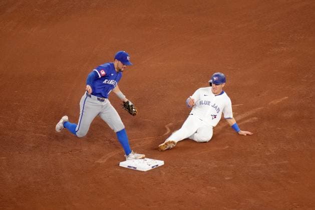 May 1, 2024, Toronto, On, CANADA: Kansas City Royals second base Michael Massey (19) outs Toronto Blue Jays outfielder Daulton Varsho (25) to end fourth inning American League MLB, Baseball Herren, USA baseball action in Toronto, Wednesday, May 1, 2024. Canada News - May 1, 2024 - ZUMAc35_ 20240501_zaf_c35_110 Copyright: xChrisxYoungx
