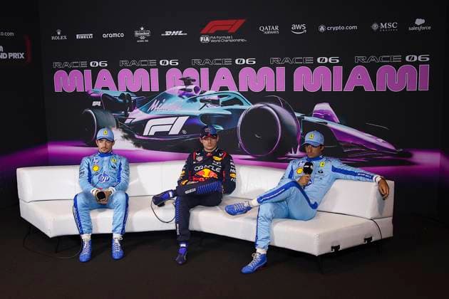 LECLERC Charles (mco), Scuderia Ferrari HP SF-24, portrait, VERSTAPPEN Max (ned), Red Bull Racing RB20, portrait and SAINZ Carlos (spa), Scuderia Ferrari HP SF-24, portrait during the Formula 1 Crypto.com Miami Grand Prix 2024, 6th round of the 2024 Formula One World Championship, WM, Weltmeisterschaft from May 3 to 5, 2024 on the Miami International Autodrome, in Miami, United States of America - F1 - MIAMI GRAND PRIX 2024 DPPI Panoramic 240504_R06_MIAMI_DP_EA020668_1