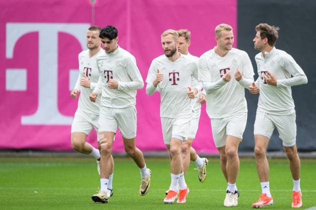 Fußball, Championsleague, 20240507, Abschlusstraining, Real Madrid - FC Bayern München. Im Bild Eric DIER (FC Bayern München, 15), Aleksandar PAVLOVIC (FC Bayern München, 45), Konrad LAIMER (FC Bayern München, 27), Joshua KIMMICH (FC Bayern München, 6), Matthijs DE LIGT (FC Bayern München, 4) und Thomas MÜLLER (FC Bayern München, 25). München Trainingsgelände Säbener Str. 51 Bayern Deutschland Copyright: Passion2Press MarkusxFischerx