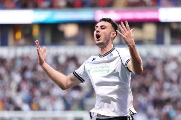 Aaron Collins of Bolton Wanderers celebrates a goal 1-1 Bolton Wanderers v Barnsley, EFL Sky Bet League One, Play-Off Semi Final, Second Leg, Football, Toughsheet Community Stadium, Bolton, UK - 07 May 2024 EDITORIAL USE ONLY No use with unauthorised audio, video, data, fixture lists, club league logos or live services. Online in-match use limited to 120 images, no video emulation. No use in betting, games or single club league player publications. Copyright: xRyanxBrowne Shutterstockx 14458457bj