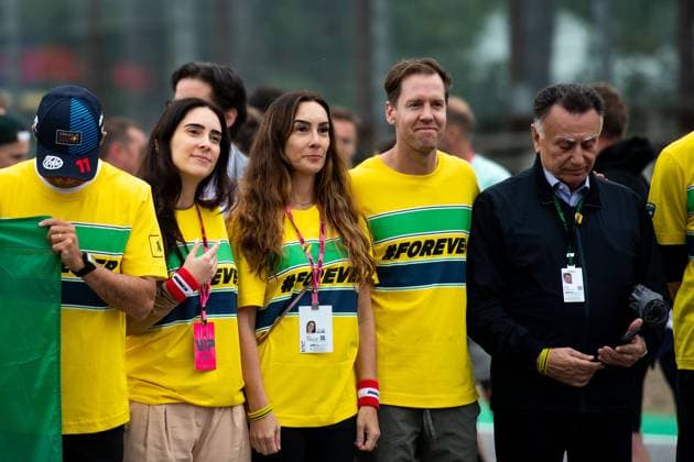Bianca Senna (Brasilien), Sebastian Vettel (Deutschland, Rennfahrer) beim Forever Senna Gedenklauf fuer den 1994 toedlich verunglueckten Ayrton Senna (Brasilien), ITA, Formel 1 Weltmeisterschaft, Grand Prix Emilia-Romagna Imola, Autodromo Enzo e Dino Ferrari, Media Day, 16.05.2024 ITA, Formel 1 Weltmeisterschaft, Grand Prix Emilia-Romagna Imola, Autodromo Enzo e Dino Ferrari, Media Day, 16.05.2024 Imola Copyright: xEibner-Pressefoto Memmlerx EP_MMR