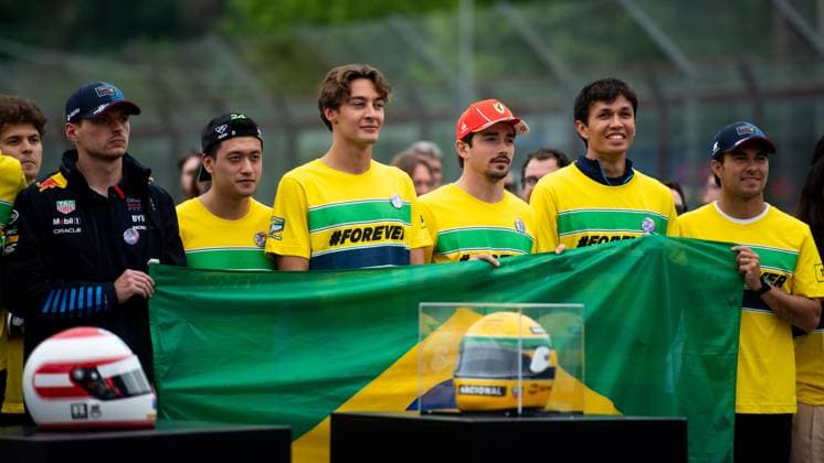 Max Verstappen (Oracle Red Bull Racing, 01), Zhou Guanyu (Stake F1 Team Kick Sauber, 24), George Russell (Mercedes AMG Petronas Formula One Team, 63), Charles Leclerc (Scuderia Ferrari HP, 16), Alexander Albon (Williams Racing, 23), Sergio Checo Perez (Oracle Red Bull Racing, 11) beim Forever Senna Gedenklauf fuer den 1994 toedlich verunglueckten Ayrton Senna (Brasilien), ITA, Formel 1 Weltmeisterschaft, Grand Prix Emilia-Romagna Imola, Autodromo Enzo e Dino Ferrari, Media Day, 16.05.2024 ITA, Formel 1 Weltmeisterschaft, Grand Prix Emilia-Romagna Imola, Autodromo Enzo e Dino Ferrari, Media Day, 16.05.2024 Imola Copyright: xEibner-Pressefoto Memmlerx EP_MMR
