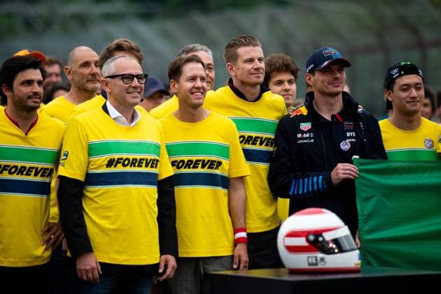 Stefano Domenicali (CEO Formula One Management), Sebastian Vettel (Deutschland, Rennfahrer), Nico Huelkenberg (MoneyGram Haas F1 Team, 27), Max Verstappen (Oracle Red Bull Racing, 01) beim Forever Senna Gedenklauf fuer den 1994 toedlich verunglueckten Ayrton Senna (Brasilien), ITA, Formel 1 Weltmeisterschaft, Grand Prix Emilia-Romagna Imola, Autodromo Enzo e Dino Ferrari, Media Day, 16.05.2024 ITA, Formel 1 Weltmeisterschaft, Grand Prix Emilia-Romagna Imola, Autodromo Enzo e Dino Ferrari, Media Day, 16.05.2024 Imola Copyright: xEibner-Pressefoto Memmlerx EP_MMR