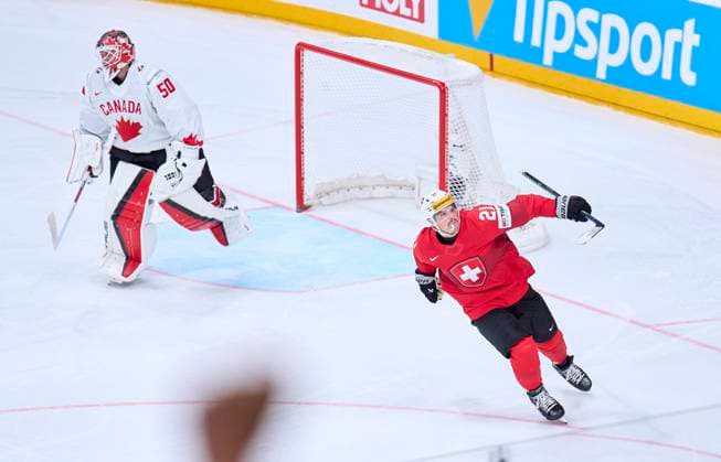 Kevin Fiala, SUI 21 scores, shoots goal , Tor, Treffer, Torschuss, against Jordan Binnington CAN 50 and celebrates in the penalty shootout of the semi final match CANADA - SWITZERLAND of the IIHF Ice hockey, Eishockey World Championship, WM, Weltmeisterschaft in Prague, Czechia, May 25, 2024, Season 2023 2024