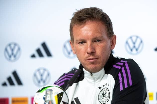 Julian Nagelsmann (Deutschland, Bundestrainer), GER, Pressekonferenz DFB Fussball Herren Nationalmannschaft Deutschland, Trainingslager Blankenhain, UEFA Fussball Europameisterschaft 2024, 27.05.2024 DFB regulations prohibit any use of photographs as image sequences and or quasi-video GER, Pressekonferenz DFB Fussball Herren Nationalmannschaft Deutschland, Trainingslager Blankenhain, UEFA Fussball Europameisterschaft 2024, 27.05.2024 Blankenhain Copyright: xEibner-Pressefoto Memmlerx EP_MMR