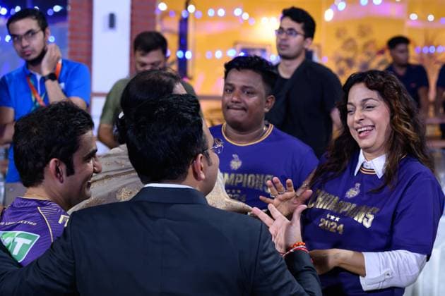 May 26, 2024, Chennai, Tamilnadu, India: Chennai, May26th, 2024 - Bollywood actor and Kolkatta Knight Riders team owner Juhi Chawla talks to the BCCI secretary Jay Shah and team mentor Gautam Gambhir post her team winning the IPL2024,T20,Finals after they defeated the Sunrisers Hyderabad at the M.A.Chidambaram Stadium in Chennai, India. Chennai India - ZUMAc251 20240526_znp_c251_070 Copyright: xVikramxChandrasekarx