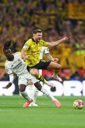 Eduardo Camavinga of Real Madrid battles with Niclas Füllkrug of Borussia Dortmund Borussia Dortmund v Real Madrid, UEFA Champions League, Final, Football, Wembley Stadium, London, UK - 01 June 2024 EDITORIAL USE ONLY No use with unauthorised audio, video, data, fixture lists, club league logos or live services. Online in-match use limited to 120 images, no video emulation. No use in betting, games or single club league player publications. Copyright: xKieranxMcManus Shutterstockx 14516313bj