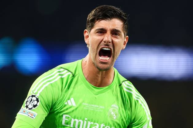 Thibaut Courtois of Real Madrid celebrates the goal Vinicius Junior of Real Madrid making it 2-0 Borussia Dortmund v Real Madrid, UEFA Champions League, Final, Football, Wembley Stadium, London, UK - 01 June 2024 EDITORIAL USE ONLY No use with unauthorised audio, video, data, fixture lists, club league logos or live services. Online in-match use limited to 120 images, no video emulation. No use in betting, games or single club league player publications. Copyright: xKieranxMcManus Shutterstockx 14516313ck