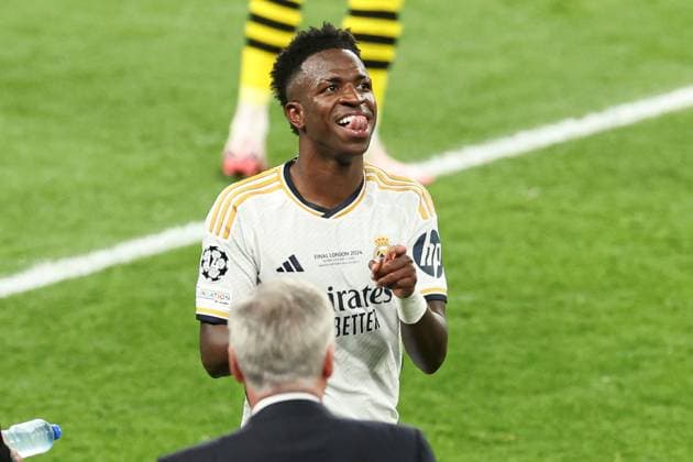 Vinicius Junior of Real Madrid celebrates scoring a goal for their side to make it 2-0 Borussia Dortmund v Real Madrid, UEFA Champions League, Final, Football, Wembley Stadium, London, UK - 01 June 2024 EDITORIAL USE ONLY No use with unauthorised audio, video, data, fixture lists, club league logos or live services. Online in-match use limited to 120 images, no video emulation. No use in betting, games or single club league player publications. Copyright: xPaulxCurrie Shutterstockx 14516316ej