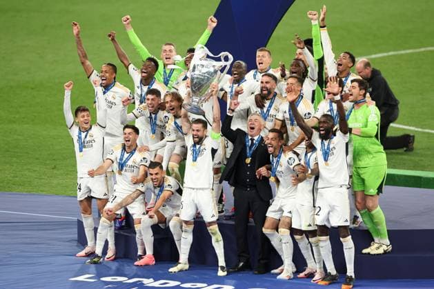Real Madrid lift the Champions League trophy Borussia Dortmund v Real Madrid, UEFA Champions League, Final, Football, Wembley Stadium, London, UK - 01 June 2024 EDITORIAL USE ONLY No use with unauthorised audio, video, data, fixture lists, club league logos or live services. Online in-match use limited to 120 images, no video emulation. No use in betting, games or single club league player publications. Copyright: xPaulxCurrie Shutterstockx 14516316et