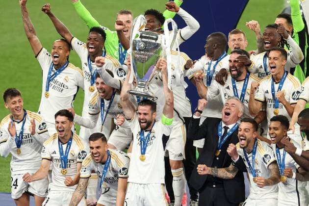 Real Madrid lift the Champions League trophy Borussia Dortmund v Real Madrid, UEFA Champions League, Final, Football, Wembley Stadium, London, UK - 01 June 2024 EDITORIAL USE ONLY No use with unauthorised audio, video, data, fixture lists, club league logos or live services. Online in-match use limited to 120 images, no video emulation. No use in betting, games or single club league player publications. Copyright: xPaulxCurrie Shutterstockx 14516316eu