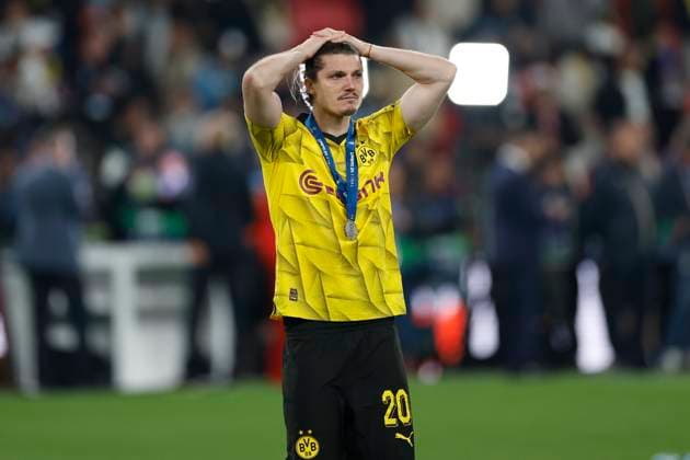 Marcel Sabitzer (BVB, 20), enttaeuscht nach dem Spiel ,der BVB verliert mit 0:2 gegen Real, GB, London, Wembley Stadium, Champions League Finale, BVB Dortmund vs Real Madrid, Spielzeit 2023 2024, 01.06. 2024, Copyright: HMBxMedia HeikoxBecker