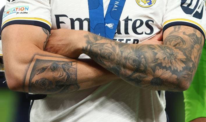 The tattooed arms of Toni Kroos of Real Madrid Borussia Dortmund v Real Madrid, UEFA Champions League, Final, Football, Wembley Stadium, London, UK - 01 June 2024 EDITORIAL USE ONLY No use with unauthorised audio, video, data, fixture lists, club league logos or live services. Online in-match use limited to 120 images, no video emulation. No use in betting, games or single club league player publications. Copyright: xKieranxMcManus Shutterstockx 14516313gn
