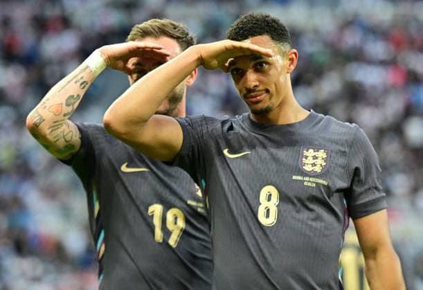 Trent Alexander-Arnold of England celebrates scoring to make it 2-0 with James Maddison of England England v Bosnia and Herzegovina, International Friendly, Länderspiel, Nationalmannschaft Football, St James Park, Newcastle, UK, 03 June 2024 EDITORIAL USE ONLY No use with unauthorised audio, video, data, fixture lists, club league logos or live services. Online in-match use limited to 120 images, no video emulation. No use in betting, games or single club league player publications. Copyright: xGreigxCowie Shutterstockx 14520843ex