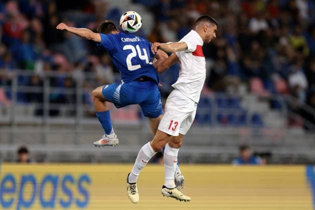 Bologna, Italy, 4th June 2024. Andrea Cambiaso of Italy battles for an aerial ball with Cenk Ozkacar of Turkey during the International Friendly, Länderspiel, Nationalmannschaft match at Stadio Renato Dall Ara, Bologna. Picture credit should read: Jonathan Moscrop Sportimage EDITORIAL USE ONLY. No use with unauthorised audio, video, data, fixture lists, club league logos or live services. Online in-match use limited to 120 images, no video emulation. No use in betting, games or single club league player publications. SPI-3179-0071