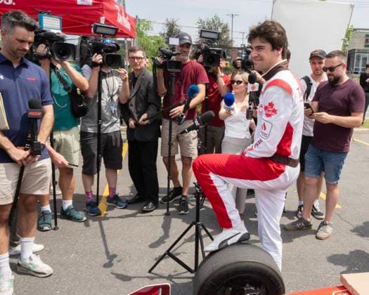 June 5, 2024, Montreal, Pq, Canada: Aston Martin Formula One driver Lance Stroll, from Canada, speaks to the media after the filming of a Tim Hortons commercial ahead of the Canadian Grand Prix, in Montreal, Wednesday, June 5, 2024. Lance Stroll, - ZUMAc35_ 20240605_zaf_c35_050 Copyright: xRyanxRemiorzx