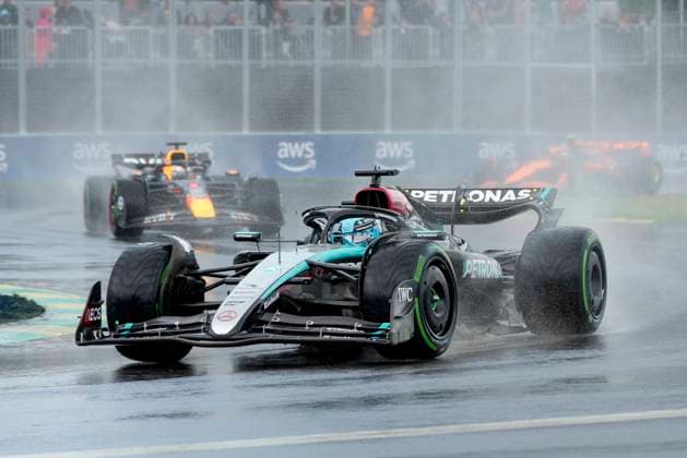 June 9, 2024, Montreal, Pq, CANADA: Mercedes driver George Russell, right, of the United Kingdom, leads as Red Bull driver Max Verstappen, of the Netherlands, follows during the Canadian Grand Prix Formula 1 car race, in Montreal, Sunday, June 9, 2024. Canada News - June 9, 2024 - ZUMAc35_ 20240609_zaf_c35_041 Copyright: xPaulxChiassonx
