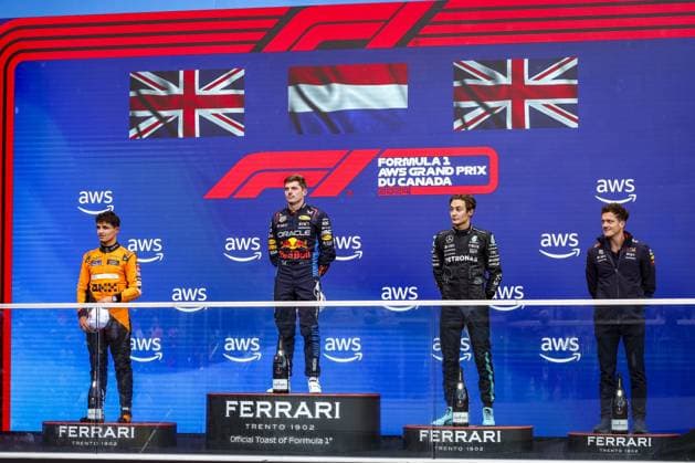 VERSTAPPEN Max (ned), Red Bull Racing RB20, NORRIS Lando (gbr), McLaren F1 Team MCL38, RUSSELL George (gbr), Mercedes AMG F1 Team W15, portrait podium during the Formula 1 AWS Grand Prix du Canada 2024, 9th round of the 2024 Formula One World Championship, WM, Weltmeisterschaft from June 07 to 09, 2024 on the Circuit Gilles Villeneuve, in Montrà al, Canada - F1 - CANADIAN GRAND PRIX 2024 DPPI Panoramic 240609_R09_CANADA_DP_FGOO7979