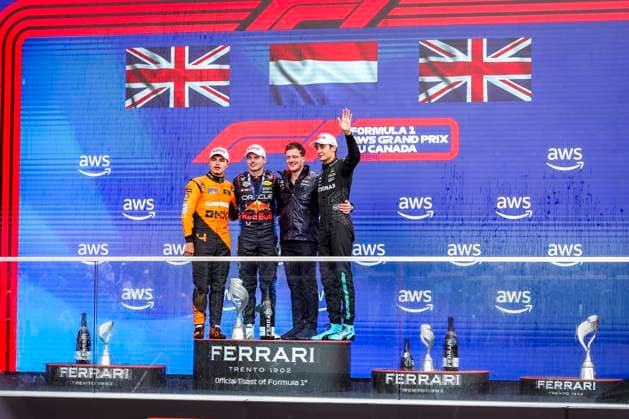 VERSTAPPEN Max (ned), Red Bull Racing RB20, NORRIS Lando (gbr), McLaren F1 Team MCL38, RUSSELL George (gbr), Mercedes AMG F1 Team W15, portrait podium during the Formula 1 AWS Grand Prix du Canada 2024, 9th round of the 2024 Formula One World Championship, WM, Weltmeisterschaft from June 07 to 09, 2024 on the Circuit Gilles Villeneuve, in Montrà al, Canada - F1 - CANADIAN GRAND PRIX 2024 DPPI Panoramic 240609_R09_CANADA_DP_FGOO8102