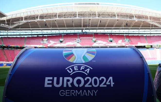 EM Host City Leipzig Stadium Open Media Day Leipzig, 11.06.2024, Stadion Leipzig, Fussball, UEFA EURO, EM, Europameisterschaft,Fussball 2024, Host City Leipzig , Offener Medientag im Stadion. , Im Foto; EM UEFA Branding. Stadionansicht , Nur zur redaktionellen Nutzung. Only editorial use. ,
