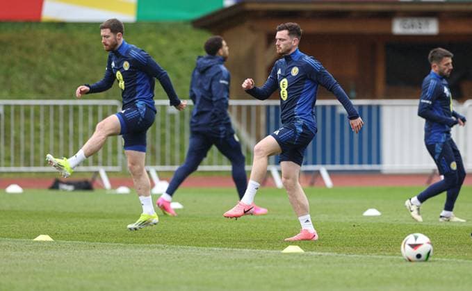 Andy Robertson of Scotland during the training session Scotland Training Session and press conference, PK, Pressekonferenz UEFA European Championship, EM, Europameisterschaft 2024, Group A Football, Stadion am Groben, Garmisch-Partenkirchen, Germany, 11 Jun 2024 EDITORIAL USE ONLY No use with unauthorised audio, video, data, fixture lists, club league logos or live services. Online in-match use limited to 120 images, no video emulation. No use in betting, games or single club league player publications. Copyright: xPaulxCurrie Shutterstockx 14523736ap
