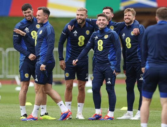 Billy Gilmour of Scotland and team mates during the training session Scotland Training Session and press conference, PK, Pressekonferenz UEFA European Championship, EM, Europameisterschaft 2024, Group A Football, Stadion am Groben, Garmisch-Partenkirchen, Germany, 11 Jun 2024 EDITORIAL USE ONLY No use with unauthorised audio, video, data, fixture lists, club league logos or live services. Online in-match use limited to 120 images, no video emulation. No use in betting, games or single club league player publications. Copyright: xPaulxCurrie Shutterstockx 14523736bs