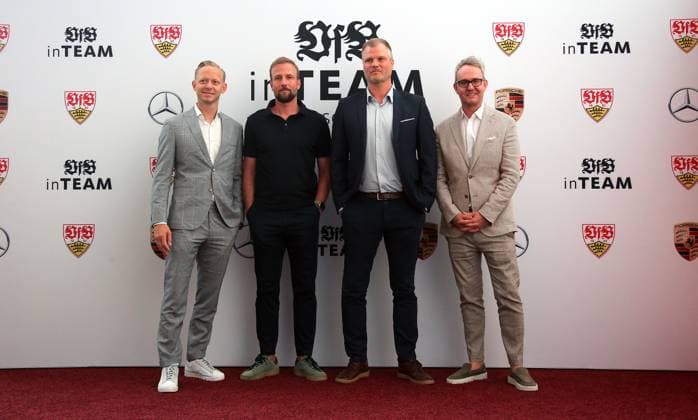 12.06.2024, Deutschland, Leonberg, Fußball Bundesliga, VfB in Team, Filmpremiere Traumpalast Leonberg, 18 Uhr Roter Teppich, 19.30 Talk, dann Film, v.l. VfB Vorstand Finanzen Rouven Casper, VfB Trainer Sebastian Hoeneß, VfB Vorstand Fabian Wohlgemuth, Vorstandvorsitzender Alexander Wehrle