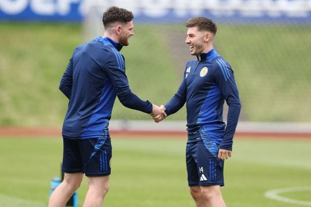 Andrew Robertson of Scotland and Billy Gilmour of Scotland shake hands Scotland Training Session, UEFA European Championship, EM, Europameisterschaft 2024, Group A Football, Stadion am Groben, Garmisch-Partenkirchen, Germany, 13 Jun 2024 EDITORIAL USE ONLY No use with unauthorised audio, video, data, fixture lists, club league logos or live services. Online in-match use limited to 120 images, no video emulation. No use in betting, games or single club league player publications. Copyright: xPaulxCurrie Shutterstockx 14523767x