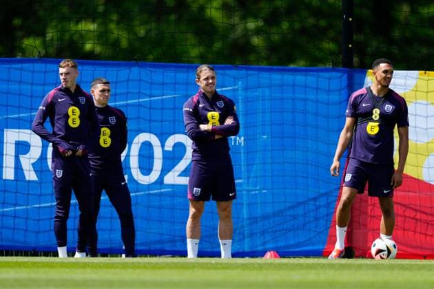 Cole Palmer of England, Phil Foden of England, Conor Gallagher of England, Trent Alexander-Arnold of England England Training Session and press conference, PK, Pressekonferenz UEFA European Championship, EM, Europameisterschaft 2024, Group C, Football, Spa & Golf Resort Weimarer Land, Blankenhain, Germany, 13 Jun 2024 EDITORIAL USE ONLY No use with unauthorised audio, video, data, fixture lists, club league logos or live services. Online in-match use limited to 120 images, no video emulation. No use in betting, games or single club league player publications. Copyright: xDavexShopland Shutterstockx 14523765ab