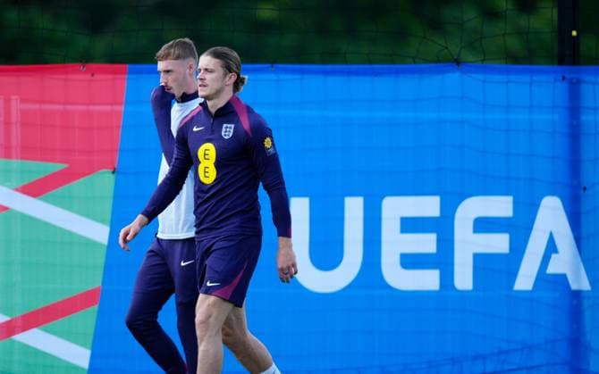 Conor Gallagher and Cole Palmer of England England Training Session and press conference, PK, Pressekonferenz UEFA European Championship, EM, Europameisterschaft 2024, Group C, Football, Spa & Golf Resort Weimarer Land, Blankenhain, Germany, 13 Jun 2024 EDITORIAL USE ONLY No use with unauthorised audio, video, data, fixture lists, club league logos or live services. Online in-match use limited to 120 images, no video emulation. No use in betting, games or single club league player publications. Copyright: xDavexShopland Shutterstockx 14523765bp