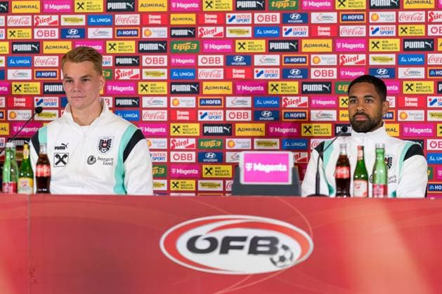 SOCCER - UEFA EURO, EM, Europameisterschaft,Fussball 2024 BERLIN,GERMANY,13.JUN.24 - SOCCER -UEFA EURO 2024, OEFB, Oesterreichischer Fussball-Bund, press conference, PK, Pressekonferenz Image shows Philipp Lienhart and Phillipp Mwene (AUT). GEPAxpictures xJohannesxFriedl