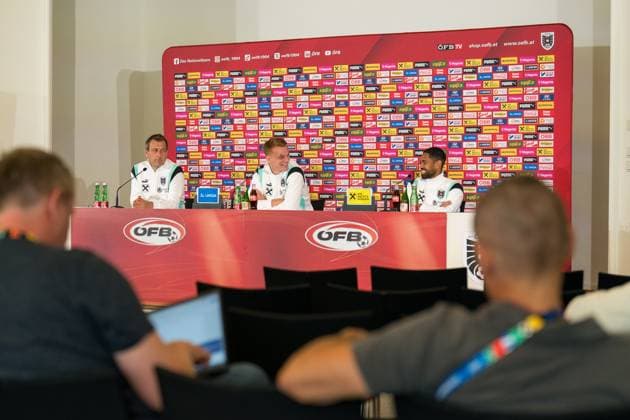 SOCCER - UEFA EURO, EM, Europameisterschaft,Fussball 2024 BERLIN,GERMANY,13.JUN.24 - SOCCER -UEFA EURO 2024, OEFB, Oesterreichischer Fussball-Bund, press conference, PK, Pressekonferenz Image shows Philipp Lienhart and Phillipp Mwene (AUT). GEPAxpictures xJohannesxFriedl