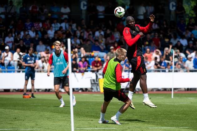 Romelu Lukaku (Belgien, 10) beim Kopfball, GER, Belgium (BEL), Public Training Session, Fussball Europameisterschaft, UEFA EURO, EM, Europameisterschaft,Fussball 2024, 13.06.2024 GER, Belgium (BEL), Public Training Session, Fussball Europameisterschaft, UEFA EURO 2024, 13.06.2024 Freiberg am Neckar Copyright: xEibner-Pressefoto Memmlerx EP_MMR