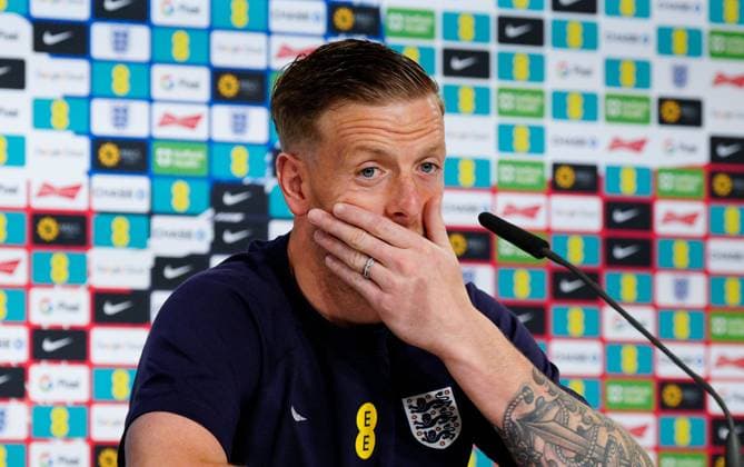 Jordan Pickford of England press conference, PK, Pressekonferenz Serbia v England press conference, UEFA European Championship, EM, Europameisterschaft 2024, Football, Gelsenkirchen, Germany - 14 Jun 2024 EDITORIAL USE ONLY No use with unauthorised audio, video, data, fixture lists, club league logos or live services. Online in-match use limited to 120 images, no video emulation. No use in betting, games or single club league player publications. Copyright: xDavidxShopland Shutterstockx 14539728h