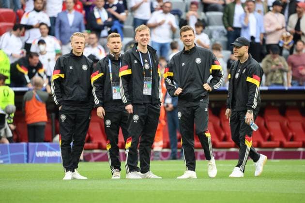 14.06.2024, Fussball, Herren, UEFA Europameisterschaft 2024, Eröffnungsspiel, Gruppe A, Deutschland - Schottland, Maximilan Beier (Deutschland), Chris Fuehrich (Deutschland), Thomas Mueller (Deutschland), Maximilian Mittelstaedt (Deutschland), David Raum (Deutschland) München Allianz Arena Bayern Deutschland (DE) Copyright: xSebastianxBachx