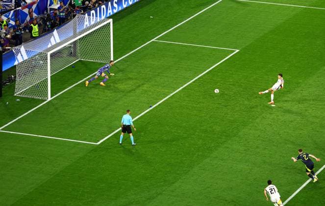 Kai Havertz of Germany scores a penalty for their side to make it 3-0 Germany v Scotland, UEFA European Championship, EM, Europameisterschaft 2024, Group A, Football, Munich Football Arena, Munich, Germany, 14 Jun 2024 EDITORIAL USE ONLY No use with unauthorised audio, video, data, fixture lists, club league logos or live services. Online in-match use limited to 120 images, no video emulation. No use in betting, games or single club league player publications. Copyright: xKieranxMcManus Shutterstockx 14523770ca