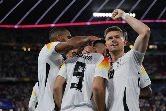 Tor und Torjubel beim 4:0 durch Niclas Fuellkrug (Deutschland, 09) mit Maximilian Mittelstaedt (Deutschland, 18), Jonathan Tah (Deutschland, 04) und Antonio Ruediger (Deutschland, 02) , Fussball, UEFA , Europa Meisterschaft, (Gruppe A) 2024, Deutschland vs. Schottland, 14.06.2024, Munich Football Arena, Muenchen, Deutschland Muenchen Munich Football Arena Bayern Deutschland Copyright: xGrantxHubbsx
