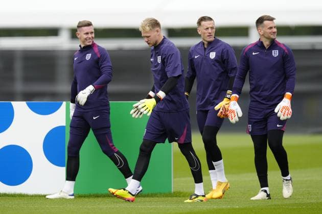 England goalkeepers Dean Henderson of England, Jordan Pickford of England and Aaron Ramsdale of England walk out to train England Training Session and press conference, PK, Pressekonferenz UEFA European Championship, EM, Europameisterschaft 2024, Group C, Football, Spa & Golf Resort Weimarer Land, Blankenhain, Germany, 15 Jun 2024 EDITORIAL USE ONLY No use with unauthorised audio, video, data, fixture lists, club league logos or live services. Online in-match use limited to 120 images, no video emulation. No use in betting, games or single club league player publications. Copyright: xDavexShopland Shutterstockx 14523791b