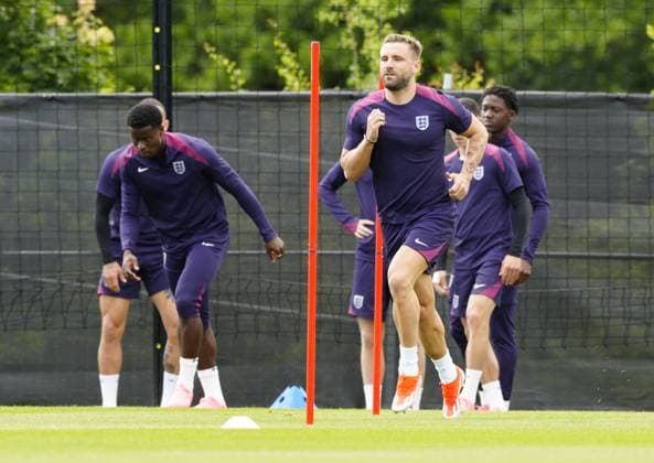 Luke Shaw of England England Training Session and press conference, PK, Pressekonferenz UEFA European Championship, EM, Europameisterschaft 2024, Group C, Football, Spa & Golf Resort Weimarer Land, Blankenhain, Germany, 15 Jun 2024 EDITORIAL USE ONLY No use with unauthorised audio, video, data, fixture lists, club league logos or live services. Online in-match use limited to 120 images, no video emulation. No use in betting, games or single club league player publications. Copyright: xDavexShopland Shutterstockx 14523791p