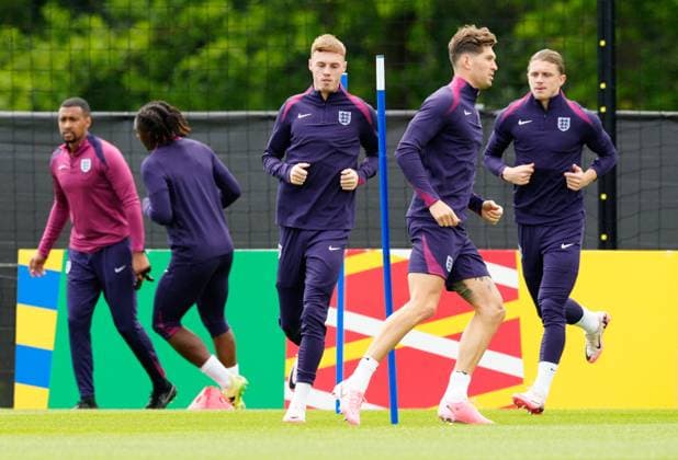 Cole Palmer of England and John Stones of England England Training Session and press conference, PK, Pressekonferenz UEFA European Championship, EM, Europameisterschaft 2024, Group C, Football, Spa & Golf Resort Weimarer Land, Blankenhain, Germany, 15 Jun 2024 EDITORIAL USE ONLY No use with unauthorised audio, video, data, fixture lists, club league logos or live services. Online in-match use limited to 120 images, no video emulation. No use in betting, games or single club league player publications. Copyright: xDavexShopland Shutterstockx 14523791al