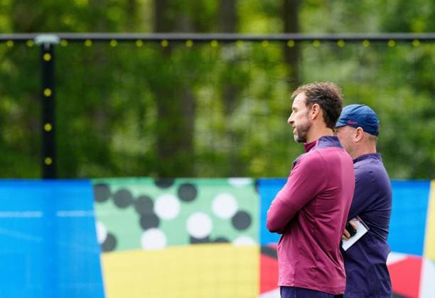 England manager Gareth Southgate stands with England assistant manager Steve Holland England Training Session and press conference, PK, Pressekonferenz UEFA European Championship, EM, Europameisterschaft 2024, Group C, Football, Spa & Golf Resort Weimarer Land, Blankenhain, Germany, 15 Jun 2024 EDITORIAL USE ONLY No use with unauthorised audio, video, data, fixture lists, club league logos or live services. Online in-match use limited to 120 images, no video emulation. No use in betting, games or single club league player publications. Copyright: xDavexShopland Shutterstockx 14523791ao