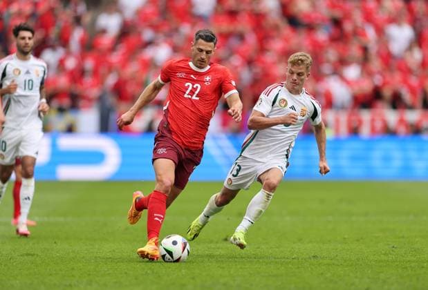 15.06.2024, Fussball Europameisterschaft, UEFA EURO, EM, Europameisterschaft,Fussball 2024, Ungarn - Schweiz, Gruppe A, Köln Stadion, v.l., Fabian Schär (Schweiz), Andras Schäfer (Ungarn) Copyright: HMBxMedia