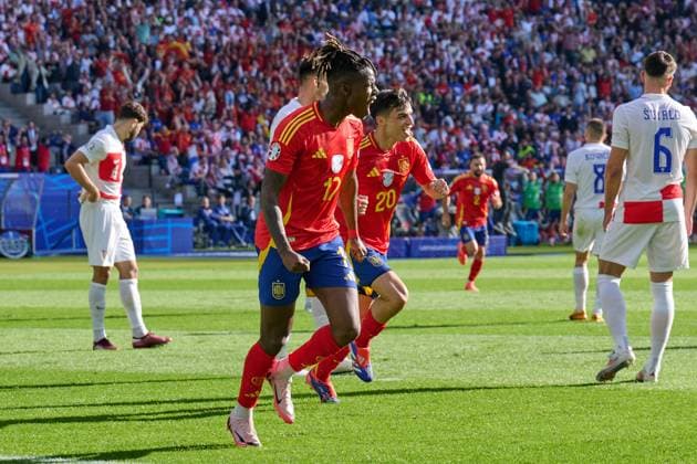 Nico Williams (Spanien Nationalmannschaft Euro 2024, 17), Pedri (Spanien Nationalmannschaft Euro 2024, 20), Jubel nach Tor zum 2:0, GER, UEFA EURO, EM, Europameisterschaft,Fussball 2024, Fussball Herren, UEFA EM 2024 Matchtag 1, Gruppe B, Spanien vs. Kroatien, 15.06.2024. GER, UEFA Euro 2024, Fussball Herren, UEFA EM 2024 Matchtag 1, Gruppe B, Spanien vs. Kroatien, 15.06.2024. Berlin Copyright: xEibner-Pressefotox xClaudiusxRauchx EP_CRH