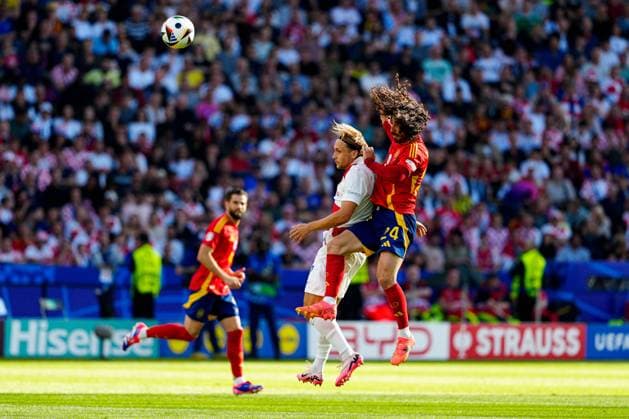 Marc Cucurella of Spain battles in the air Spain v Croatia, UEFA European Championship, EM, Europameisterschaft 2024, Group B, Football, Olympiastadion, Berlin, Germany, 15 Jun 2024 EDITORIAL USE ONLY No use with unauthorised audio, video, data, fixture lists, club league logos or live services. Online in-match use limited to 120 images, no video emulation. No use in betting, games or single club league player publications. Copyright: xDavexShopland Shutterstockx 14539285be