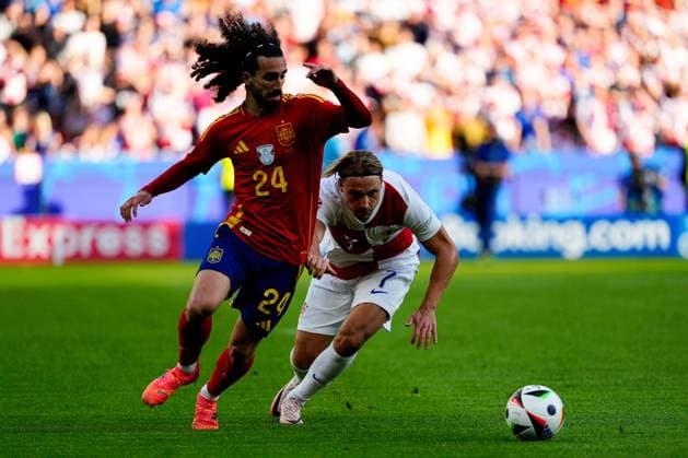 Marc Cucurella of Spain (L) battles with Lovro Majer of Croatia (R) Spain v Croatia, UEFA European Championship, EM, Europameisterschaft 2024, Group B, Football, Olympiastadion, Berlin, Germany, 15 Jun 2024 EDITORIAL USE ONLY No use with unauthorised audio, video, data, fixture lists, club league logos or live services. Online in-match use limited to 120 images, no video emulation. No use in betting, games or single club league player publications. Copyright: xDavexShopland Shutterstockx 14539285cl