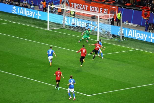 Nedim Bajrami of Albania scores to make it 0-1 Italy v Albania, UEFA European Championship, EM, Europameisterschaft 2024, Group B, Football, BVB Stadion, Dortmund, Germany, 15 Jun 2024 EDITORIAL USE ONLY No use with unauthorised audio, video, data, fixture lists, club league logos or live services. Online in-match use limited to 120 images, no video emulation. No use in betting, games or single club league player publications. Copyright: xKieranxMcManus Shutterstockx 14539296ag