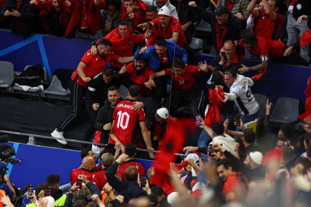 Nedim Bajrami of Albania scores to make it 0-1 and celebrates Italy v Albania, UEFA European Championship, EM, Europameisterschaft 2024, Group B, Football, BVB Stadion, Dortmund, Germany, 15 Jun 2024 EDITORIAL USE ONLY No use with unauthorised audio, video, data, fixture lists, club league logos or live services. Online in-match use limited to 120 images, no video emulation. No use in betting, games or single club league player publications. Copyright: xKieranxMcManus Shutterstockx 14539296ak
