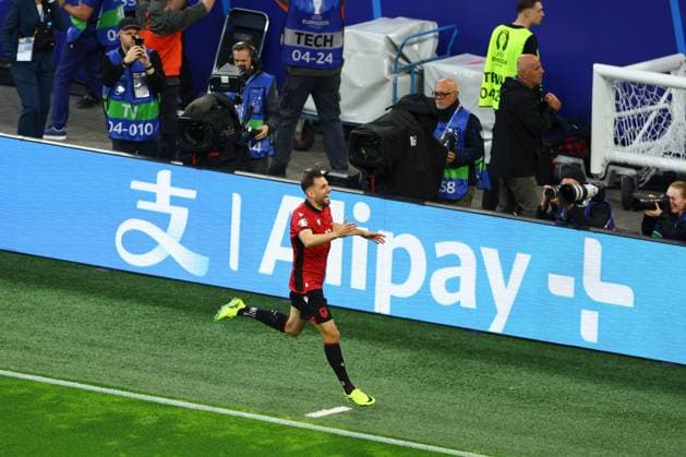 Nedim Bajrami of Albania scores to make it 0-1 and celebrates Italy v Albania, UEFA European Championship, EM, Europameisterschaft 2024, Group B, Football, BVB Stadion, Dortmund, Germany, 15 Jun 2024 EDITORIAL USE ONLY No use with unauthorised audio, video, data, fixture lists, club league logos or live services. Online in-match use limited to 120 images, no video emulation. No use in betting, games or single club league player publications. Copyright: xKieranxMcManus Shutterstockx 14539296dn