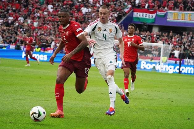 Fussball, UEFA EURO, EM, Europameisterschaft,Fussball 2024, EM 2024, Gruppenphase, Gruppe A, Ungarn-Schweiz Köln Stadion Manuel Akanji,Schweiz ,Attila Szalai Ungarn